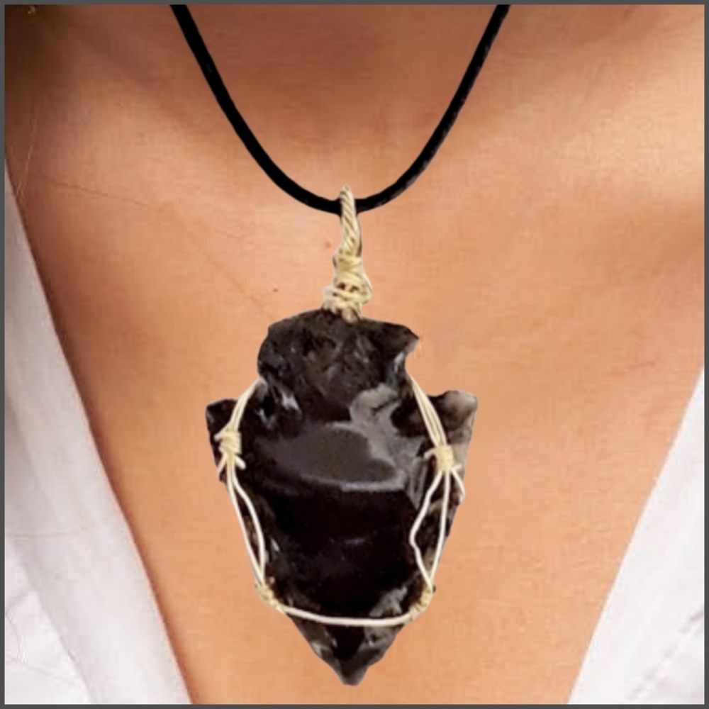 Hand-Wired Obsidian Arrowhead Pendant with Black Cord. NWOT